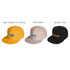 Three trucker caps in yellow, beige, and black, featuring various designs and branding techniques.
