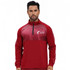 A red polyester spandex raglan jacket with a stand-up collar and quarter-zip, featuring a logo.