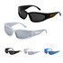 Wraparound sunglasses in black and white with tinted lenses, featuring a logo on the white pair.