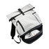 A grey and black roll-top backpack with zippered pockets, featuring a pair of white sneakers inside.