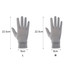 A pair of grey full finger gloves with measurements displayed, featuring a sleek design and a logo.
