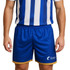 Breathable soccer shorts in blue with a gold trim and a logo on the lower hem.