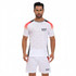 A set of 100% polyester sublimated breathable soccer shorts in white with red and black accents, featuring a logo.