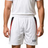 White soccer shorts with red accents, made of 100% polyester, featuring a lining and a logo on the side.