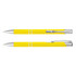 A bright yellow metal pen with silver accents, showcasing a sleek design and a clip for easy attachment.