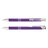 A purple metal pen with silver accents, featuring a sleek design and a branded logo.