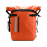An orange waterproof roll top backpack featuring adjustable straps and reflective detailing, with a logo present.
