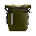 A waterproof roll top backpack in olive green with adjustable straps and various pockets. Features a logo.