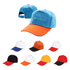 A collection of Sandwich Bill Hats in various colours, including blue, orange, black, white, red, and yellow. Each hat features a logo.
