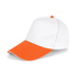 A white cap with an orange bill and accent, featuring a logo on the side.
