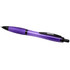 A purple pen with a transparent barrel and black accents, featuring a clip and a ballpoint tip.