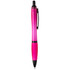 A pink pen with a black tip and clip, featuring a logo on its barrel.