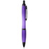 A purple pen with a black clip and bottom grip, featuring a logo on its surface.