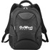 A black computer backpack with multiple compartments and a logo on the front. It features padded shoulder straps.
