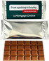 An 80g chocolate bar with a shiny silver wrapper and a rectangular shape, featuring a brown chocolate surface with squares.