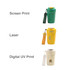 A drink bottle collection featuring a green, yellow, and cream thermal cup, each with a lid and a logo.