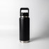A drink bottle featuring a sleek black finish with a stainless steel base and a handle on top.