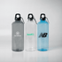 A drink bottle trio featuring grey, clear, and blue options, each with a carabiner and logos.