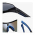 Sports cycling sunglasses featuring a black frame and blue accents, with a close-up of the adjustable nose pad and temple tips.