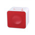 A square Bluetooth speaker in red and white featuring a mesh front and a logo on the side.