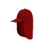 A red baseball cap with a neck flap, featuring a logo on the side.