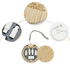 A bamboo circular kit containing various charging cables and connectors, featuring a smooth, natural finish.