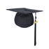 A black mortarboard graduation cap with a 2025 tassel. The cap features a logo on its side.