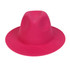 A pink felt wide brim fedora hat with a smooth texture and a rounded crown, featuring a logo.