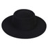 A flat top felt fedora hat in solid black, featuring a wide brim and a cylindrical crown.