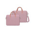 A pink laptop bag with a smooth finish, featuring two handles and a removable shoulder strap. It has a logo.