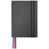 A black diary with elastic closures and ribbon bookmarks in red, blue, and white. It features a logo on the cover.