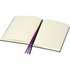 A black diary with blank pages, featuring a ribbon bookmark in blue and red.