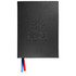 A black diary with a textured cover, featuring a logo and coloured ribbon markers in red and blue.