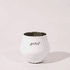 A white, detachable wine glass with a sleek design and a logo on the front.