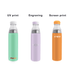 A drink bottle featuring three designs: mint green, lavender, and orange, each with clear caps and various finishes.