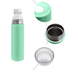 A drink bottle in mint green with a stainless steel interior, featuring a clear lid and a branding logo.