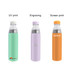 A drink bottle collection featuring a mint green, lavender, and orange stainless steel vacuum bottle with various finishes and a logo.