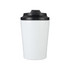 A 350ML spray painted stainless steel coffee mug in white with a black lid and a visible logo.