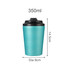 A 350ml spray-painted stainless steel coffee mug in a vibrant turquoise colour with a black lid, featuring a logo.