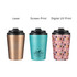 A drink bottle featuring three stainless steel coffee mugs in copper, teal, and pink with black lids and various designs.