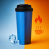 A drink bottle in blue with a black lid, featuring condensation, alongside ice cubes on a split background.