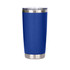 A drink bottle featuring a blue exterior and stainless steel base, with a double wall design and a clear lid.