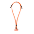 An orange charging phone lanyard with dual connectors and a clip at the bottom. It features a logo.