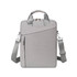 A grey laptop bag with a handle, adjustable strap, and a front zip pocket, featuring a logo.