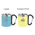 A drink bottle featuring a blue and yellow recycled stainless steel mug with carabiner handles and logos.