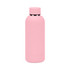 A drink bottle in pastel pink, made of recycled stainless steel with an insulated design and a logo.