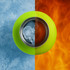 A drink bottle in bright green with a stainless steel interior, featuring ice cubes and a fiery background split design.