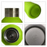 A drink bottle with a bright green exterior, stainless steel top, and insulated interior. Features a recycling symbol on the bottom.