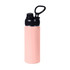 A drink bottle in soft pink with a black lid and carry handle, featuring a sleek, stainless steel design.