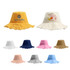 A collection of raw edge bucket hats in yellow, white, navy, pink, brown, grey, and light blue, featuring branding on some.